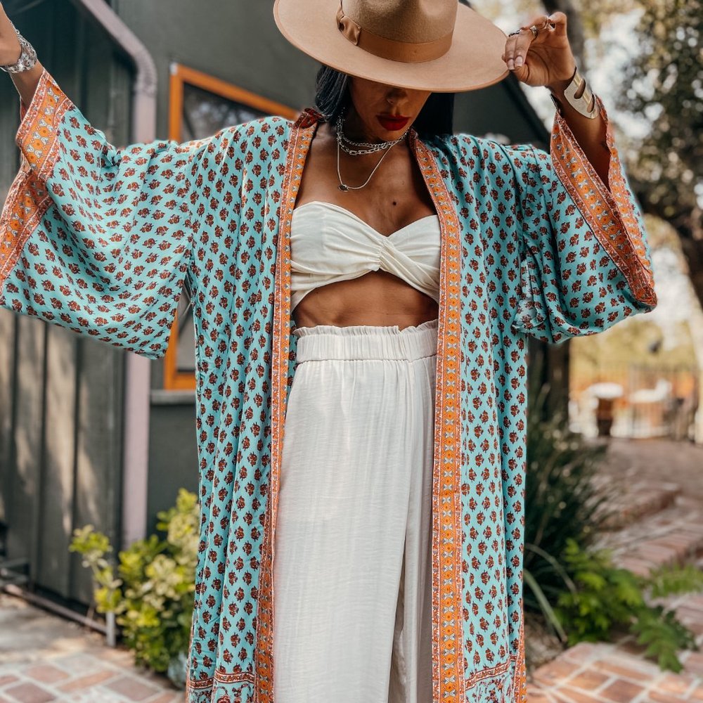 Boho Paisley Bohemian Romantic Turquoise Kimono - Picture 7 of 10